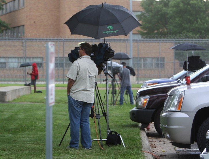About eight news organizations from Minnesota and Illinois are set up and waiting for former Speaker of the House, Dennis Hastert, to surrender to the Federal Medical Center in Rochester, MN Wednesday, June 22, 2016 morning to begin his 15 month prison sentence. (AP Photo/Post-Bulletin, Ken Klotzbach)