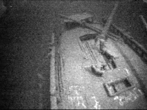 This photo from video provided by Jim Kennard shows the the stern of the shipwrecked Canadian schooner Royal Albert that sank off Lake Ontario's central New York shore nearly 150 years ago. Jim Kennard, Roger Pawlowski and Roland Stevens said they recently found the wreck of the Royal Albert in deep water off Fair Haven, 35 miles northwest of Syracuse. The western New York-based team said the 104-foot vessel was carrying 285 tons of railroad iron that shifted in rough conditions, bursting the ship's seams. (Courtesy of Jim Kennard via AP)