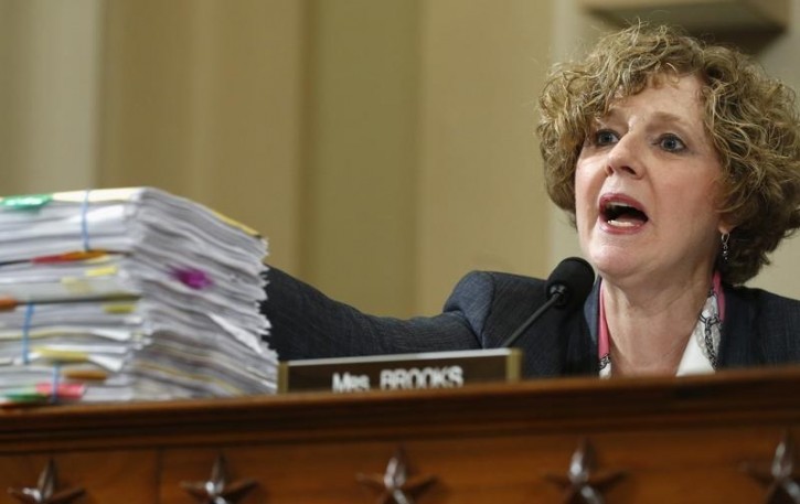 FILE - Rep. Susan Brooks (R-IN) questions former Secretary of State Hillary Clinton about a pile of her printed emails regarding Libya during Clinton's testimony before the House Select Committee on Benghazi on Capitol Hill in Washington October 22, 2015. Reuters
