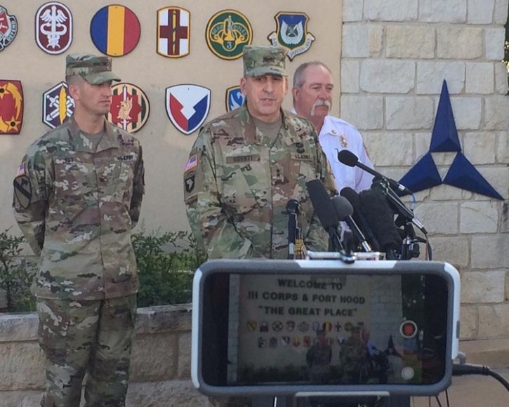 Maj. Gen. John Uberti, deputy commanding general III Corps and Fort Hood, speaks to the media outside the Marvin Leath Visitors Center at Fort Hood, Texas June 3, 2016. The U.S. Army searched on Friday for four soldiers missing after the truck they were riding in overturned in a swollen creek at Fort Hood army base in central Texas, killing five others. Fort Hood Public Affairs Office/Handout via Reuters 