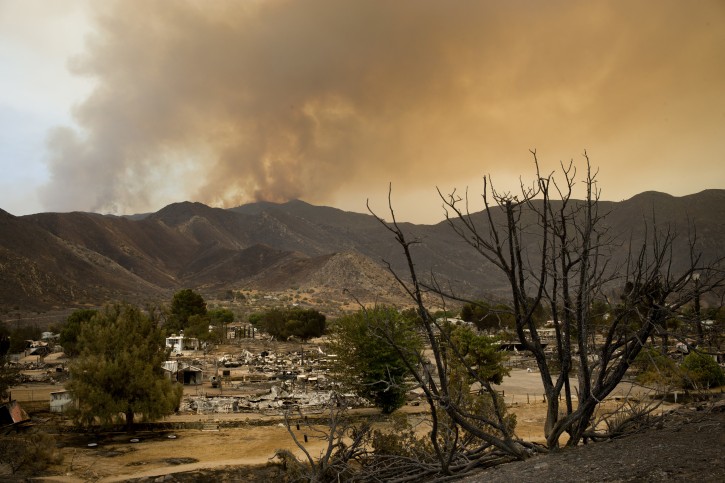A scorched tree and devastated mobile homes are seen in foreground as a wildfire continues to burn, Saturday, June 25, 2016, in South Lake, Calif. (AP Photo/Jae C. Hong)