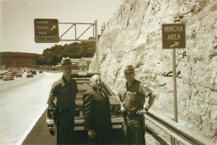 in this 1991 photo, Rabbi Edgar Gluck at the NY state Thruway where the Mincha area was first established, and later moved to the current Sloatsburg rest area.