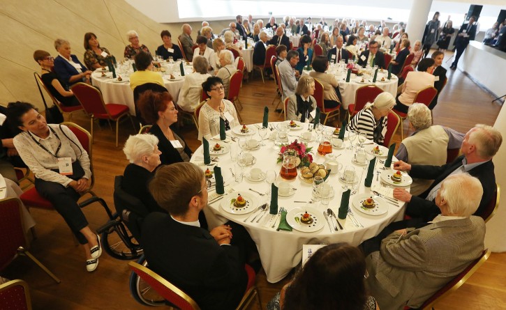 Christian Poles who saved Jews during the Holocaust, attend a luncheon in Warsaw, Poland, Sunday July 10, 2016. A group of Polish Christians who risked their lives to give aid to Jews during the Holocaust were brought together for a luncheon in Warsaw to be honored and celebrated by a U.S.-based Jewish organization that provides aid to these rescuers. (AP Photo/Czarek Sokolowski)