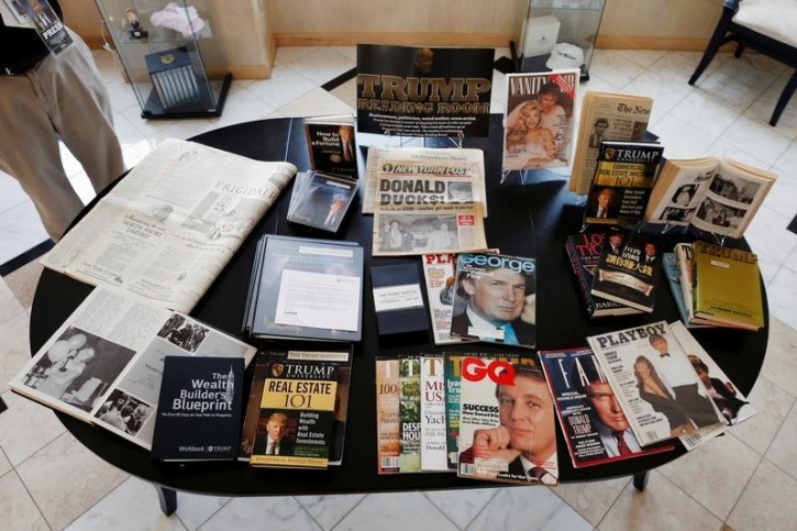 Books and magazines from different points in Republican U.S. presidential candidate Donald Trump's life are displayed at The Trump Museum near the Republican National Convention in Cleveland, Ohio, U.S., July 19, 2016.  REUTERS/Lucas Jackson  