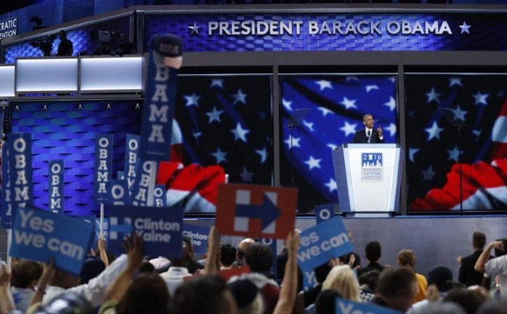 U.S. President Barack Obama speaks on the third night at the Democratic National Convention in Philadelphia, Pennsylvania, U.S. July 27, 2016. REUTERS/Mark Kauzlarich 
