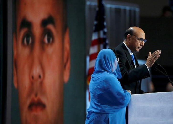 Khizr Khan, who's son Humayun (L) was killed serving in the U.S. Army, speaks at the Democratic National Convention in Philadelphia, Pennsylvania, U.S. July 28, 2016. REUTERS/Lucy Nicholson -