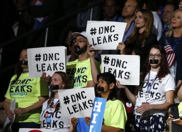 Bernie Sanders supporters protest U.S. Democratic presidential nominee Hillary Clinton at the Democratic National Convention in Philadelphia, Pennsylvania, U.S. July 28, 2016. REUTERS/Lucy Nicholson 