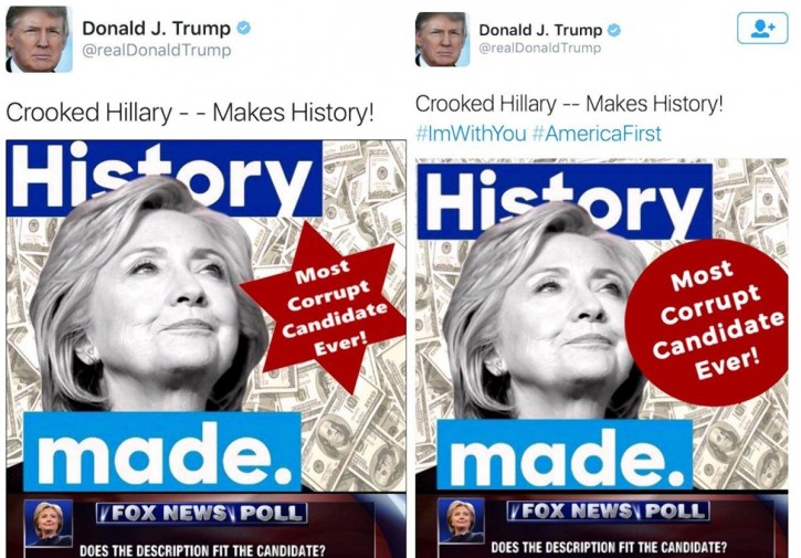 Donald Trump tweets an anti-Hillary Clinton image on his account with a Star of David next to her face — before replacing it with a circle. (VIA TWITTER)
