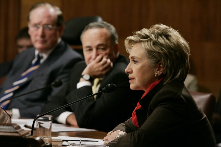 FILE - In this Sept. 25, 2006 file photo, then-Sen. Hillary Clinton, D-N.Y., right, questions witnesses as Sen. Charles Schumer, D-N.Y., center, and Sen. Jay Rockefeller, D-W. Va. listen during the Senate Democratic Policy Committee Hearing regarding Iraq, on Capitol Hill in Washington. (AP Photo/Charles Dharapak, File)