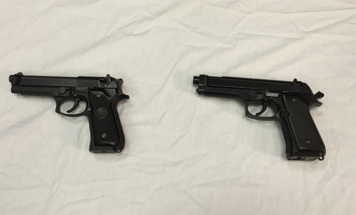 FILE - This April 28, 2016, file photo shows a semi-automatic handgun, left, next to a Powerline 340 BB gun, right, similar to a BB gun authorities say a teenager carried when he was shot and wounded by a Baltimore police officer, displayed during a news conference in Baltimore. As Ohio authorities investigate the fatal police shooting Wednesday, Sept. 14, 2016, of 13-year-old Tyre King, who officers say pulled a realistic-looking BB gun from his waistband, law enforcement agencies are grappling with toy or replica firearms used in real crimes. (AP Photo/Juliet Linderman, File)
