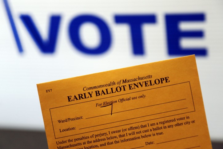 An early ballot envelope is seen at town hall, Monday, Oct. 24, 2016, in North Andover, Mass. For the first time in Massachusetts, voters can cast their ballots for president before Election Day. Early voting begins Monday and will continue through Nov. 4. (AP Photo/Elise Amendola)