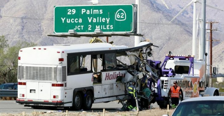 A mangled bus from the Holiday Bus Lines is seen after being towed from the scene of a mass casualty crash on the westbound Interstate 10 freeway near Palm Springs, California October 23, 2016. REUTERS/Sam Mircovich