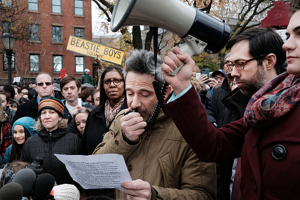  Beastie Boys member Adam Horovitz speaks at a anti-hate rally at a Brooklyn park named in memory of Beastie Boys band member Adam Yauch after it was defaced with swastikas on November 20, 2016 in New York City. On Friday, the park and playground was spray painted with swastikas and the message Go Trump. Hundreds of people, many with their children, listened to community leaders and condemn racism and intolerance. Following the election of Donald Trump as president, there has been a surge of incidents of racist activities reported. (Photo by Spencer Platt/Getty Images)
