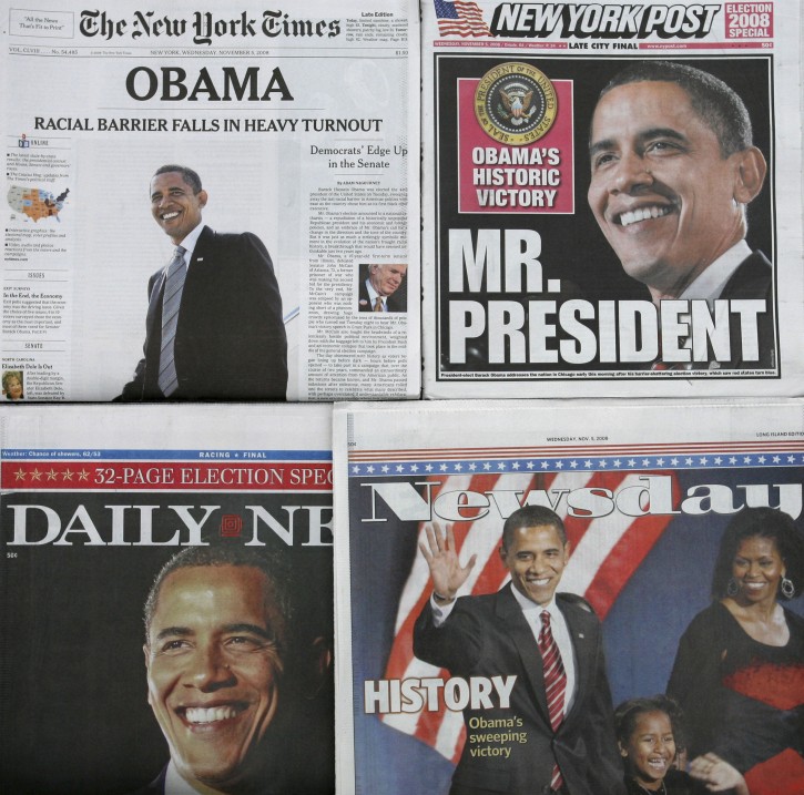 New York City newspapers are displayed Wednesday, Nov. 5, 2008 in New York. Clockwise from top left are: The New York Times, the New York Post, the Daily News and Newsday. From the nation's capital to Los Angeles, Americans celebrated Barack Obama's victory and marveled that they lived to see the day that a black man was elected president. (AP Photo/Mark Lennihan)