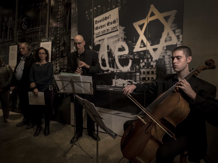 In this Monday, Nov. 21, 2016 photo, Israeli musicians perform at Yad Vashem Holocaust Memorial in Jerusalem. For the first time in Yad Vashem's 63-year history, live music echoed through the halls of Israel's national Holocaust memorial in a somber tribute to the works of musicians who created a vibrant cultural life in the Terezin concentration camp before being sent to their deaths. (AP Photo/Tsafrir Abayov)