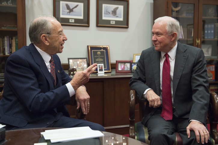 Sen. Charles Grassley, R-Iowa, Chairman of the Senate Judiciary Committee, meets with Attorney General nominee Sen. Jeff Sessions, R-Ala., on Tuesday, Nov. 29, 2016 in Washington. (AP Photo/Molly Riley)