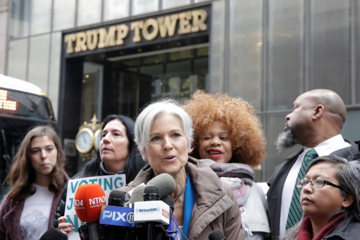 FILE - Green Party presidential nominee Jill Stein speaks during a news conference outside Trump Tower in Manhattan, New York City, U.S. December 5, 2016.  REUTERS/Brendan McDermid 