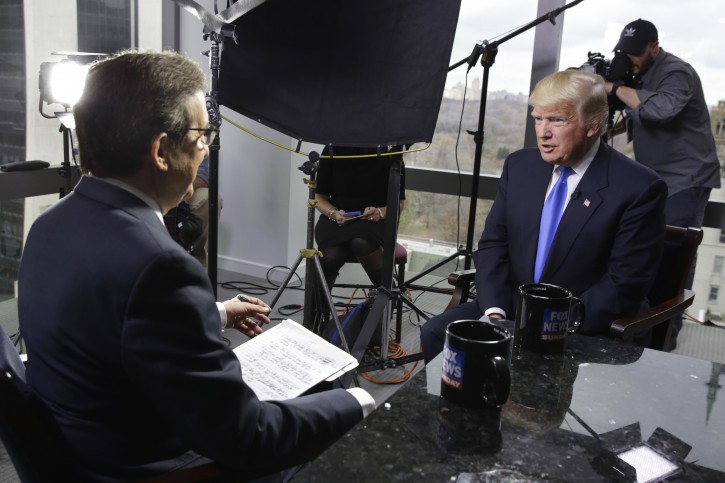 FILE - In this Saturday, Dec. 10, 2016 file photo, President-elect Donald Trump, right, is interviewed by Chris Wallace of "Fox News Sunday" at Trump Tower in New York.  (AP Photo/Richard Drew)