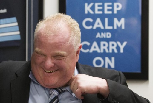 Toronto Mayor Rob Ford laughs in front of a "Keep Calm and Carry On" sign at City Hall in Toronto FILE- Toronto Mayor Rob Ford laughs in front of a "Keep Calm and Carry On" sign at City Hall in Toronto March 19, 2014. Reuters