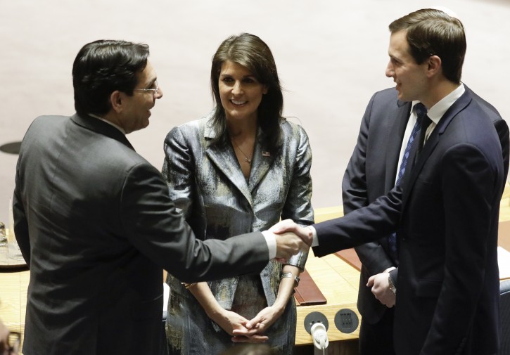 Israel's ambassador to the United Nations Danny Danon (L) shakes hands with White House Senior Advisor Jared Kushner (R) as U.S. ambassador to the United Nations Nikki Haley looks on before the start of a United Nations Security Council on the situation in the Middle East, including the Palestinian question at United Nations headquarters in New York, New York, USA, 20 February 2018.  EPA