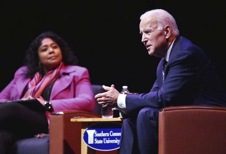 Former Vice President Joe Biden engages in a moderated conversation with WNPR Lucy Nalpathanchil at the 20th annual Mary and Louis Fusco Distinguished Lecture Series at the John Lyman Center for the Performing Arts at Southern Connecticut State University, Friday, March 23, 2018