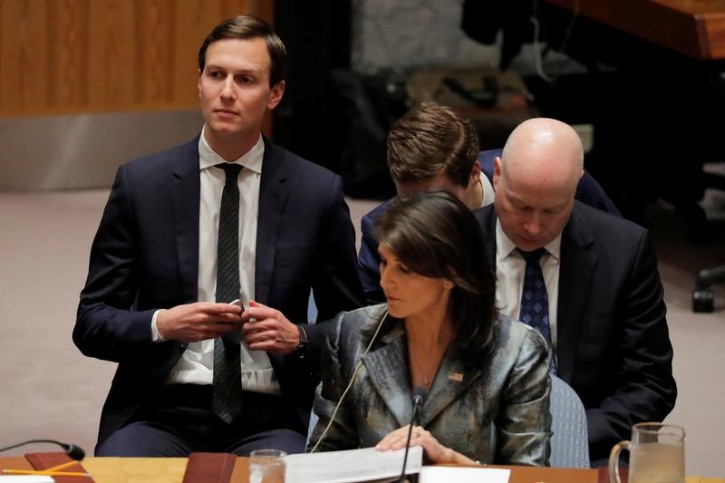 White House senior adviser Jared Kushner sits with United States Ambassador to the United Nations (UN), Nikki Haley, and lawyer Jason Greenblatt (R) before a meeting of the UN Security Council at UN headquarters in New York, U.S., February 20, 2018. REUTERS/Lucas Jackso
