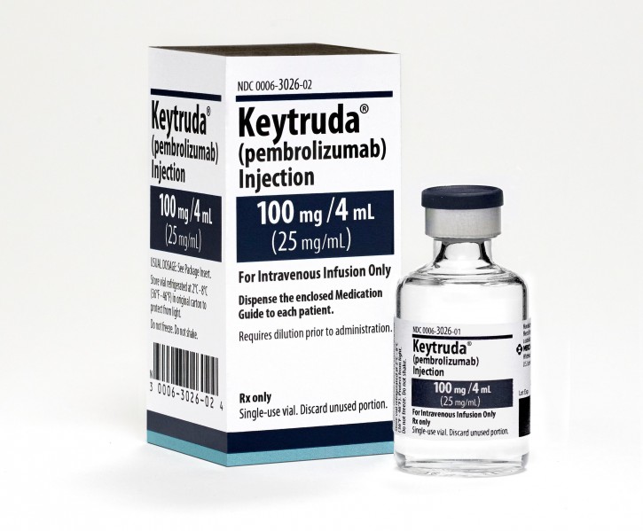 This 2015 photo made available by Merck shows the drug Keytruda. Research released on Monday, April 16, 2018 suggests that many more lung cancer patients may benefit from treatments that boost the immune system, which have scored some of their biggest wins until now in less common cancer types. Using one of these drugs _ Merck's Keytruda _ with usual chemotherapy extended survival for people newly diagnosed with the most common type of cancer that had spread beyond the lungs, one study found. (Michael Lund/Merck via AP)