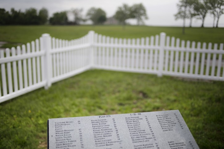 A memorial listing the names of people buried in one mass grave is displayed on Hart Island in New York, Wednesday, May 23, 2018. (AP Photo/Seth Wenig)