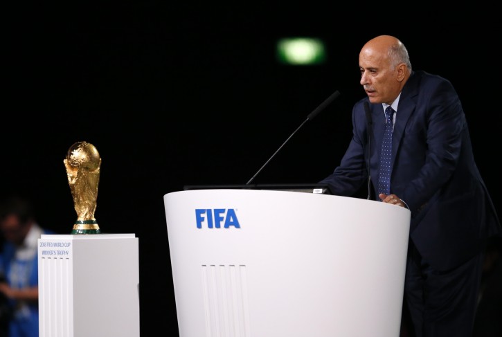 Head of the Palestinian Football Association Jibril Rajoub speaks at the FIFA congress on the eve of the opener of the 2018 soccer World Cup in Moscow, Russia, Wednesday, June 13, 2018. The congress in Moscow is set to choose the host or hosts for the 2026 World Cup. (AP Photo/Alexander Zemlianichenko)