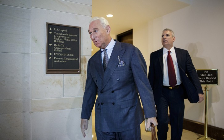 FILE - In this Sept. 26, 2017, file photo, longtime Donald Trump associate Roger Stone arrives to testify before the House Intelligence Committee, on Capitol Hill in Washington. (AP Photo/J. Scott Applewhite, File)
