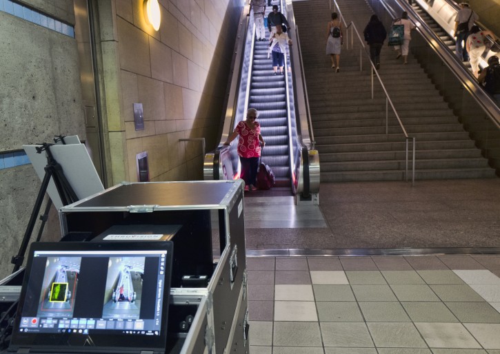 ThruVision suicide vest-detection technology that reveals a suspicious objects on people is seen during a Transportation Security Administration demonstration at Union Station in Los Angeles on Tuesday, Aug. 14, 2018. Los Angeles is poised to have the first mass transit system in the U.S. with body scanners that screen passengers for weapons and explosives. (AP Photo/Richard Vogel)