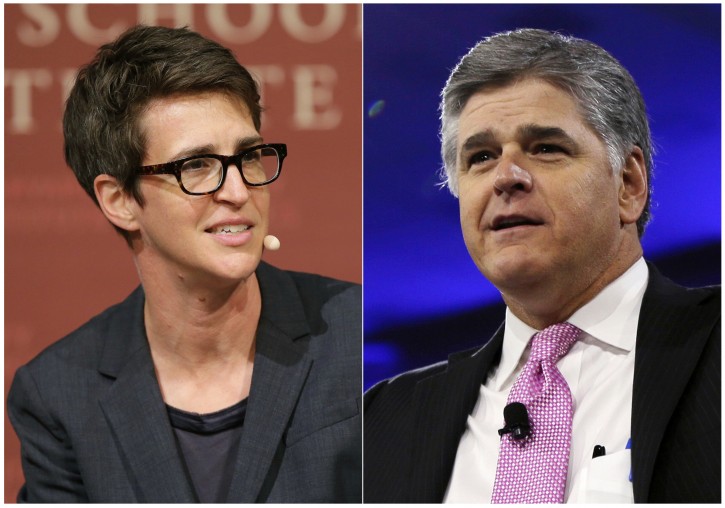 This combination photo shows MSNBC television anchor Rachel Maddow, host of "The Rachel Maddow Show," moderating a panel at Harvard University, in Cambridge, Mass. on Oct. 16, 2017 , left, and Sean Hannity of Fox News at the Conservative Political Action Conference (CPAC) in National Harbor, Md. on March 4, 2016. (AP Photo)