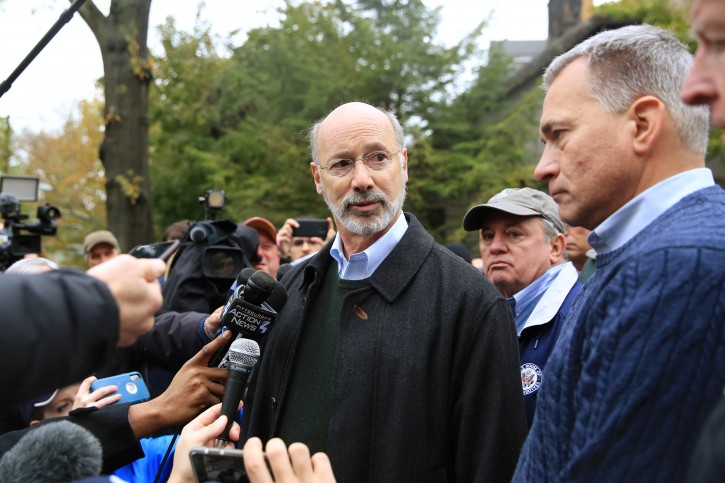 Pennsylvania Governor Tom Wolf and Wendell Hissrich (R), Pittsburgh Public Safety Director, speak to media, after a gunman opened fire at the Tree of Life synagogue in Pittsburgh, Pennsylvania, U.S., October 27, 2018.   REUTERS/John Altdorfer