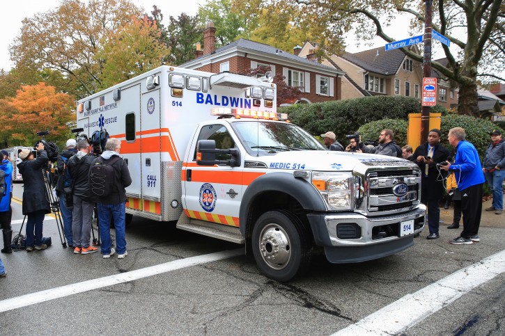 An ambulance departs the Tree of Life synagogue following shooting at the synagogue in Pittsburgh, Pennsylvania, U.S., October 27, 2018.   REUTERS/John Altdorfer