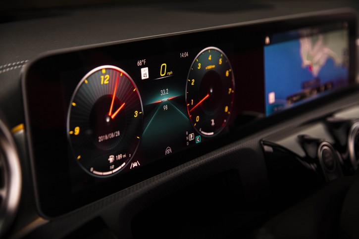 This undated photo provided by Mercedes-Benz shows an LCD screen in the 2019 A 220 4Matic Sedan. The screen is an example of a trend: digital gauges replacing analog ones in vehicle instrument panels. Digital gauges are customizable and can display more information than traditional gauges. (Courtesy of Mercedes-Benz via AP)