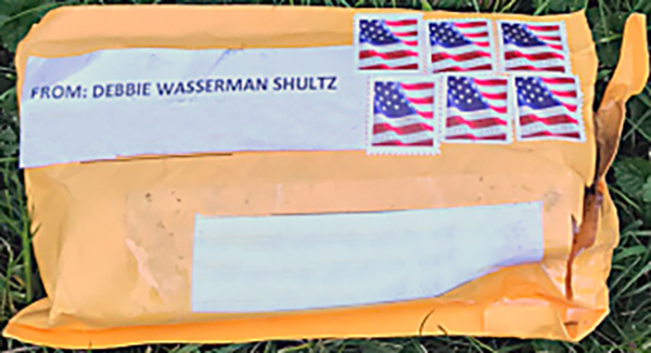 A handout photo made available by the Federal Bureau of Investigation (FBI) on 24 October 2018 shows the exterior of one of the suspicious packages which were received at multiple locations in the New York and Washington, D.C., areas and Florida between October 22 and 24, 2018. EPA