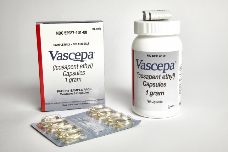 This undated photo provided by Amarin in November 2018 shows capsules and packaging for the purified, prescription fish oil Vascepa. (Amarin via AP)