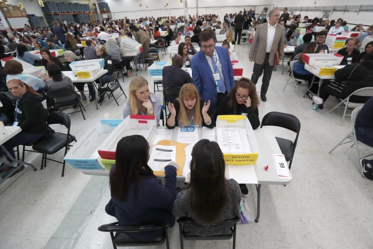 Workers at the Broward County Supervisor of Elections office show Republican and Democrat observers ballots during a hand recount, Friday, Nov. 16, 2018, in Lauderhill, Fla. (AP Photo/Wilfredo Lee)