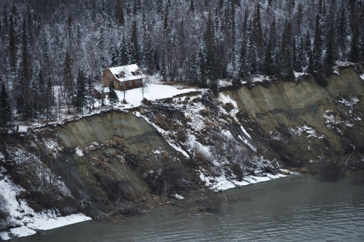 Some earth slid from a bluff on the northwest side of Knik Arm during an earthquake that caused damage in the Anchorage area on November 30, 2018. (Marc Lester / ADN)