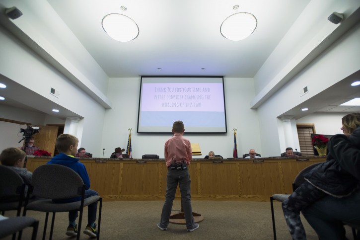 Snowball Ban Range View Elementary School third grader Dane Best presented his argument to the town board trustees to change a law in Severance that bans snowball fights on Monday, Dec. 3, 2018, at the Town Hall in Severance, Colo. The board voted unanimously to approve the law change.