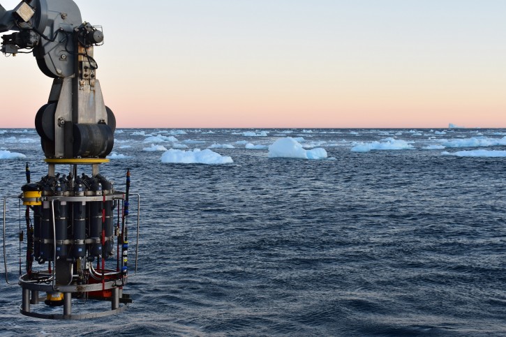 In this September 2018 photo provided by researcher Isabela Le Bras, a probe which collects water samples and measures temperature, salinity and pressure is prepared for deployment on the continental shelf of Greenland. Scientists were studying the Atlantic Meridional Overturning Circulation (AMOC), a circulation of warm and cold waters that stretches from around Greenland south to beyond the tip of Africa and into the Indian Ocean. (Isabela Le Bras via AP)