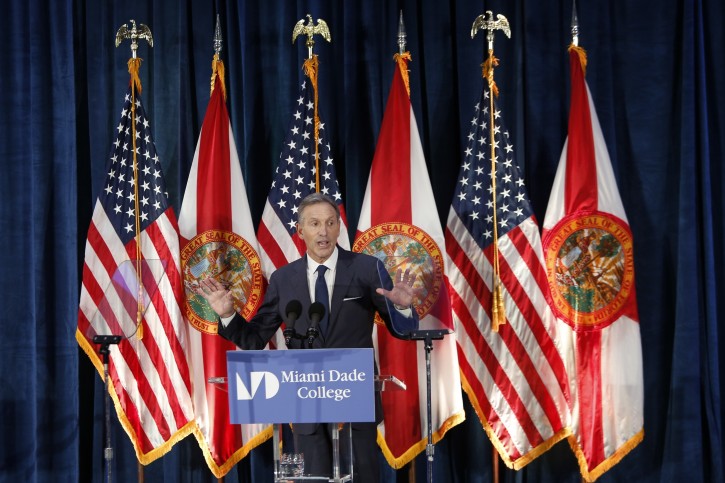 Former Starbucks CEO Howard Schultz gives a speech at Miami Dade College in Miami, Wednesday, March 13, 2019. The 65-year-old billionaire gave details on what an independent presidency could look like despite not yet deciding whether to enter the White House race himself. (AP Photo/Ellis Rua)