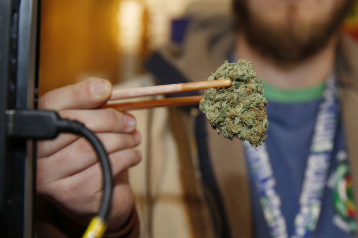 FILE - In this Friday, Dec. 19, 2014, file photo, sales associate Matt Hart uses a pair of chopsticks to hold a bud of Lemon Skunk, the strain of highest potency available at the 3D Dispensary, in Denver.(AP Photo/David Zalubowski, File)