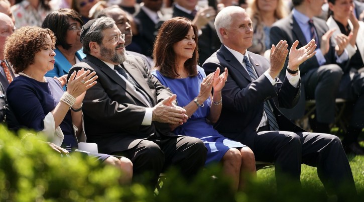 From left, Pastor Marilyn Rivera, Rabbi Abba Cohen, Karen Pence and Vice President Mike Pence participate in a National Day of Prayer service in the Rose Garden at the White House, May 2, 2019. (Chip Somodevilla/Getty Images)