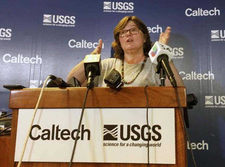 Seismologist Lucy Jones talks during a news conference at the Caltech Seismological Laboratory in Pasadena, Calif. on Thursday, July 4, 2019. AP