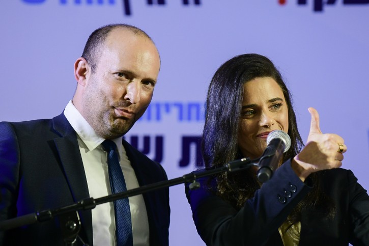 Ayelet Shaked, former Minister of Justice and head of the New Right party and Former Israeli Minister of Education and member of the New Right party Naftali Bennett attend a press conference in Ramat Gan, July 21, 2019. Photo by Tomer Neuberg/Flash90